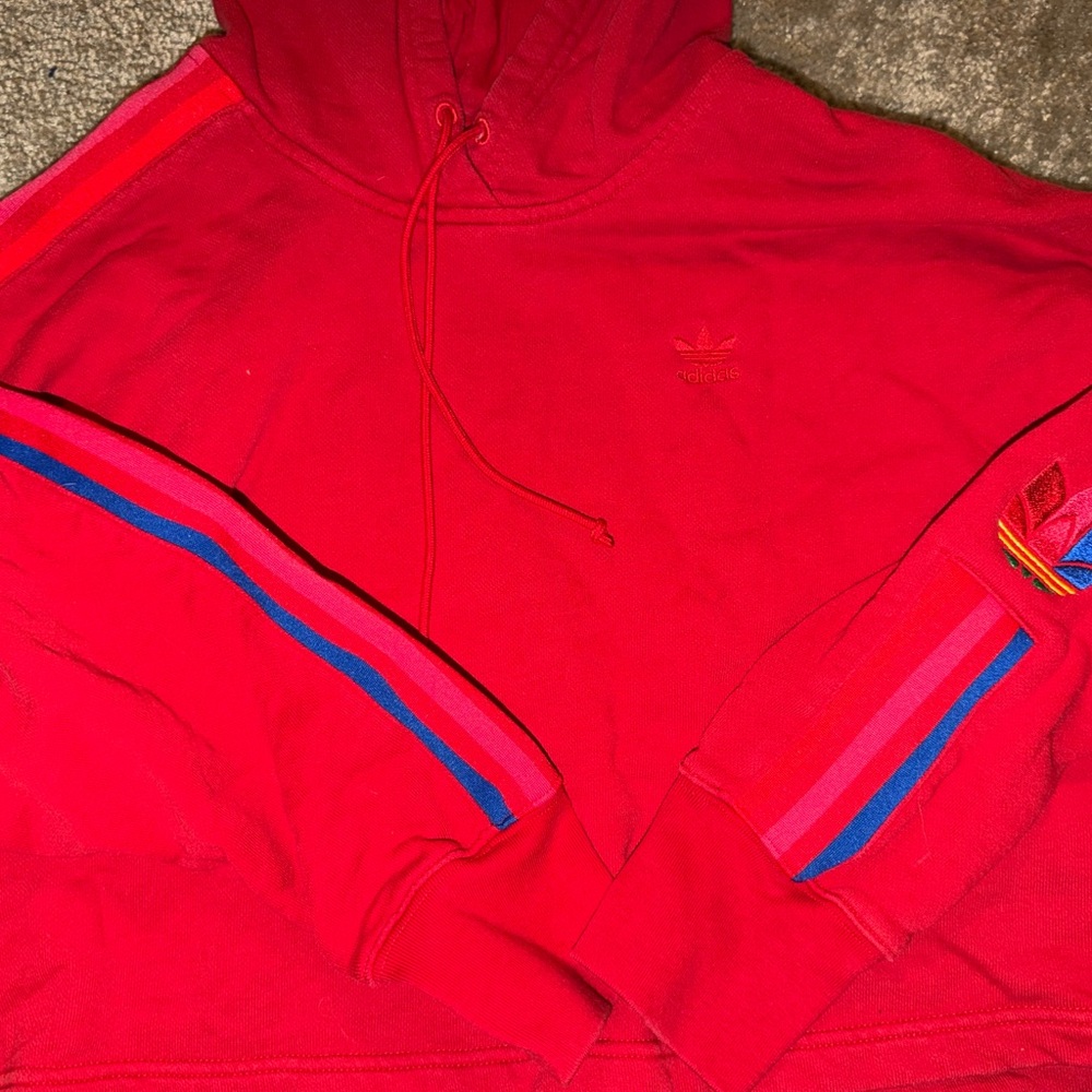 Adidas Cropped Women's Red Hoodie with Blue Stripes